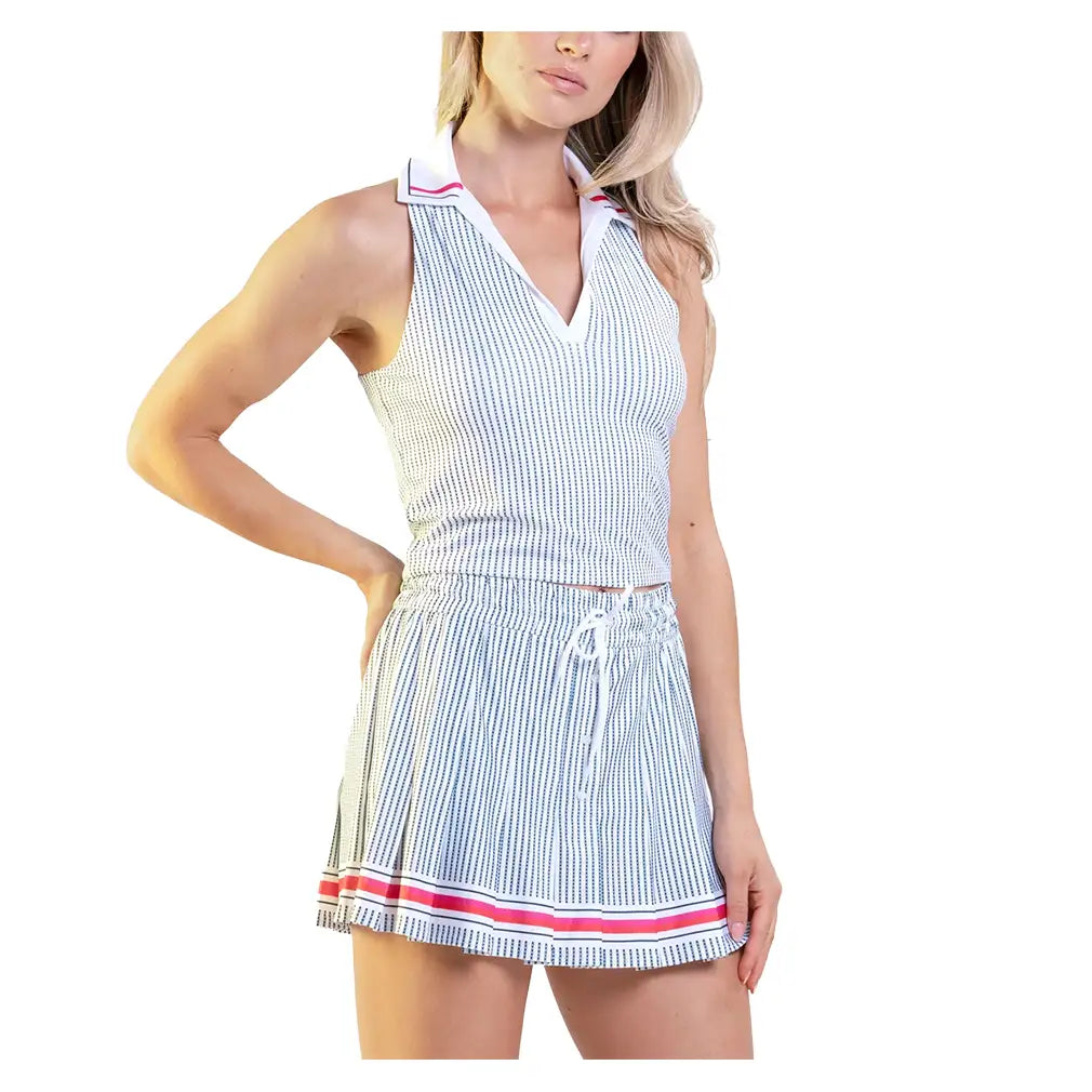 Women's Glow Set Stripes Tennis Polo Tank White and Midnight