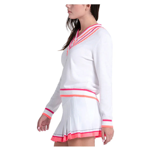 Women's Victory V-Neck Tennis Sweater White and Shocking Pink