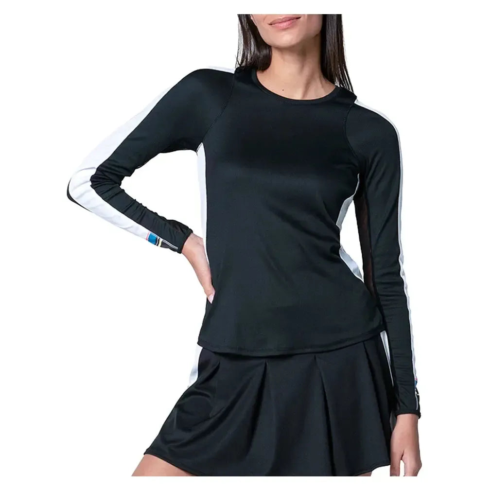 Women's Stripe It Up Long Sleeve Tennis Top Black-Apparel-Lucky In Love-CX131-79D001-1-Tennis Express