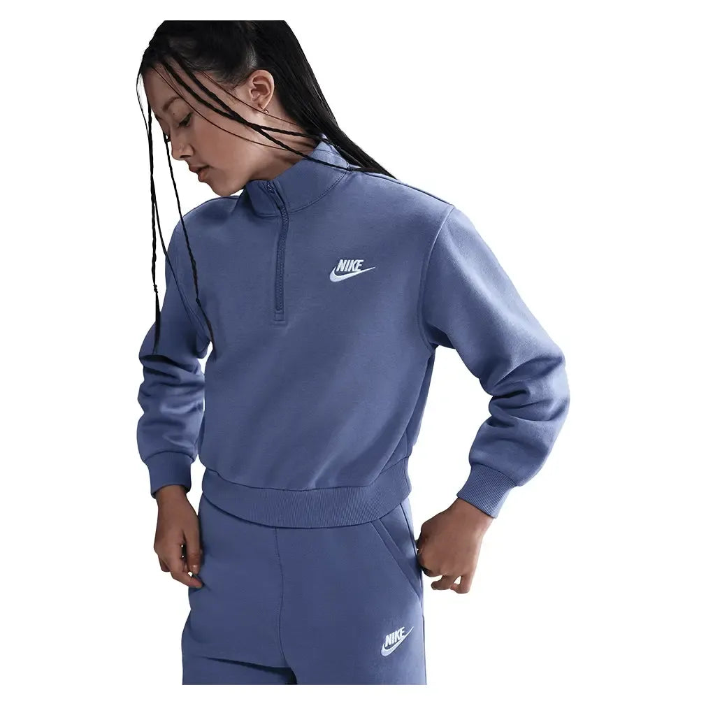 Girls' Sportswear Club Fleece 1/2-Zip Long-Sleeve Top World Indigo and White