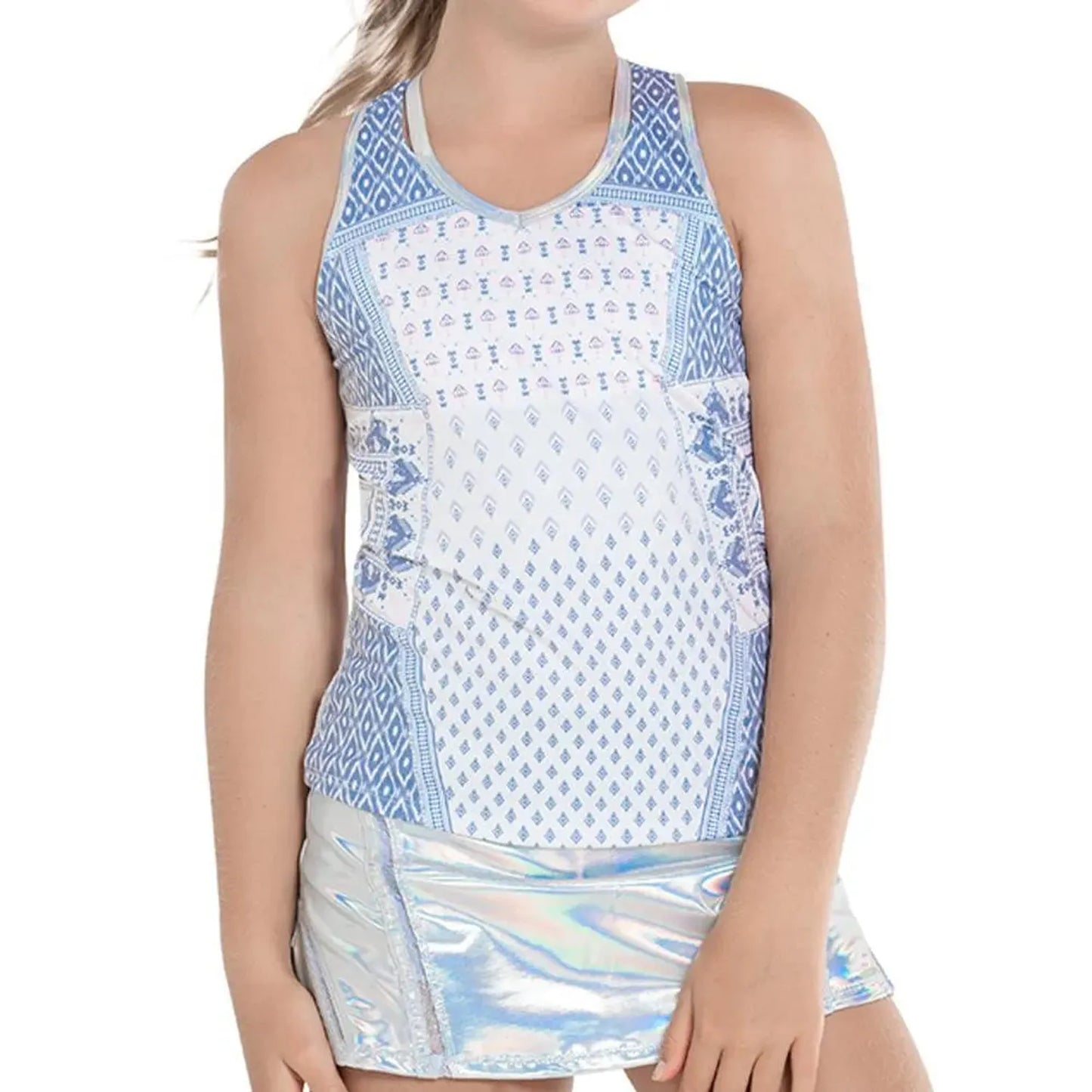 Girl's All In Ikat Tennis Tank White-Apparel-Lucky In Love-T252-S54110-1-Tennis Express